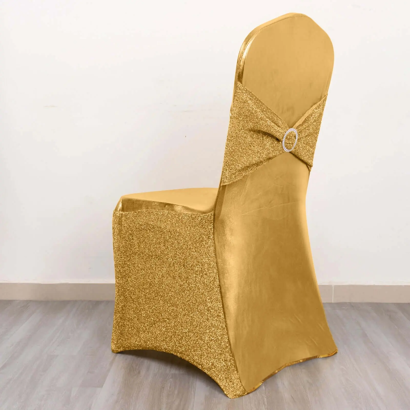 Premium Fitted Metallic Gold Tinsel Spandex Party Chair Cover - Attached Sash with Silver Rhinestone Buckle, Universal Fit Dining Chair Slipcover, Party Chair Covers, Universal Fit Dining Chair Slipcovers