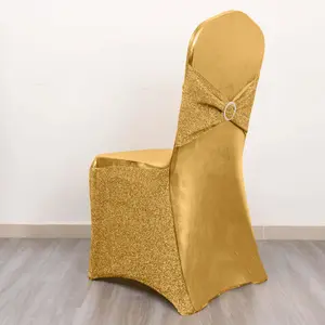 Spandex Banquet Chair Cover Metallic Gold Tinsel with Attached Sash and Silver Rhinestone Buckle - Shimmering Premium Fitted Design