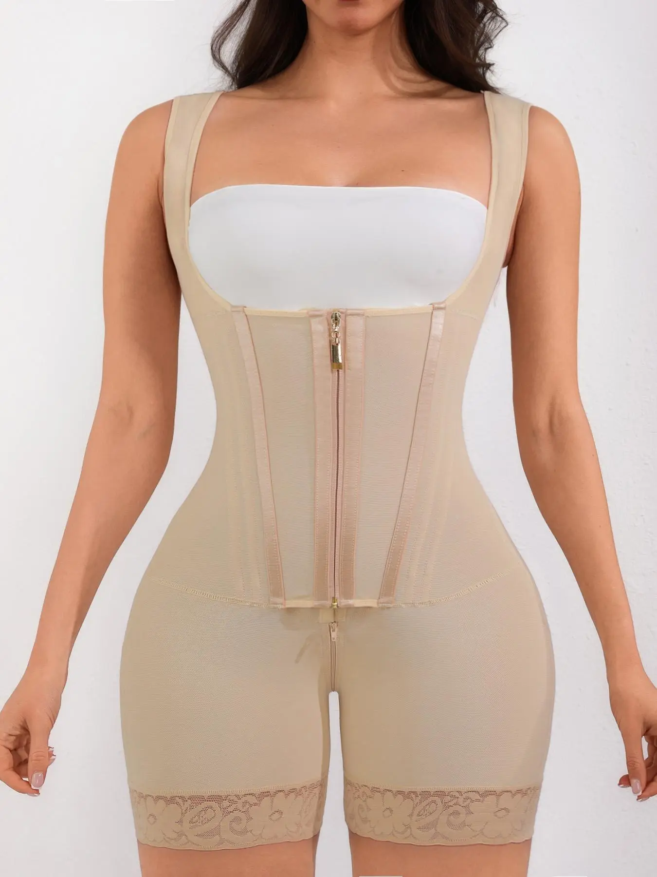 Women's Solid Color Open Bust Hook & Eye Shapewear Bodysuit, Adjustable Hook & Eye Tummy Control Shaper, Women's Shapewear for Daily Wear, Post Op Shapewear