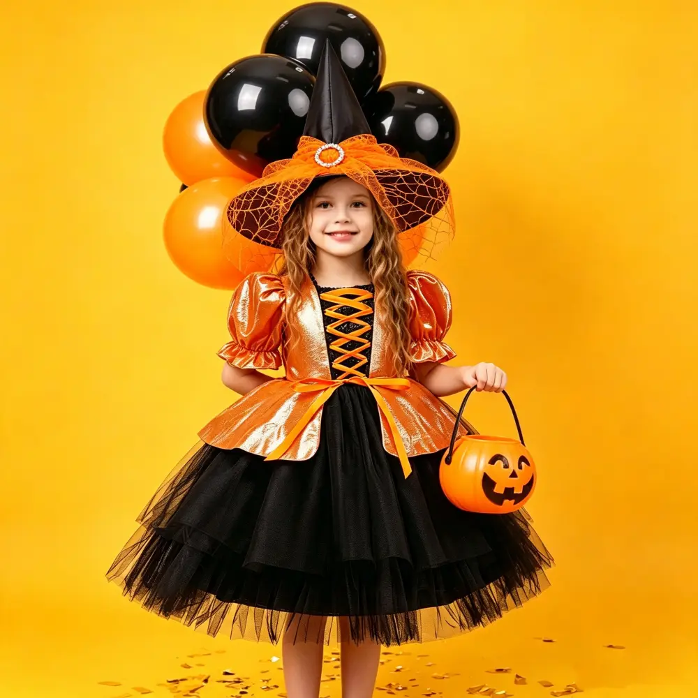 083 （ dress + hat ）Girls dress orange Halloween costume dress up dress suitable for Halloween festival Halloween gift