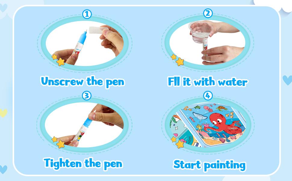 4Pcs Magic Water Painting Book for Kids Ages 3-6 – Reusable No-Mess Coloring Pad with Water Pen, Montessori Educational Drawing Toy for Travel, Birthday & Holiday Gift