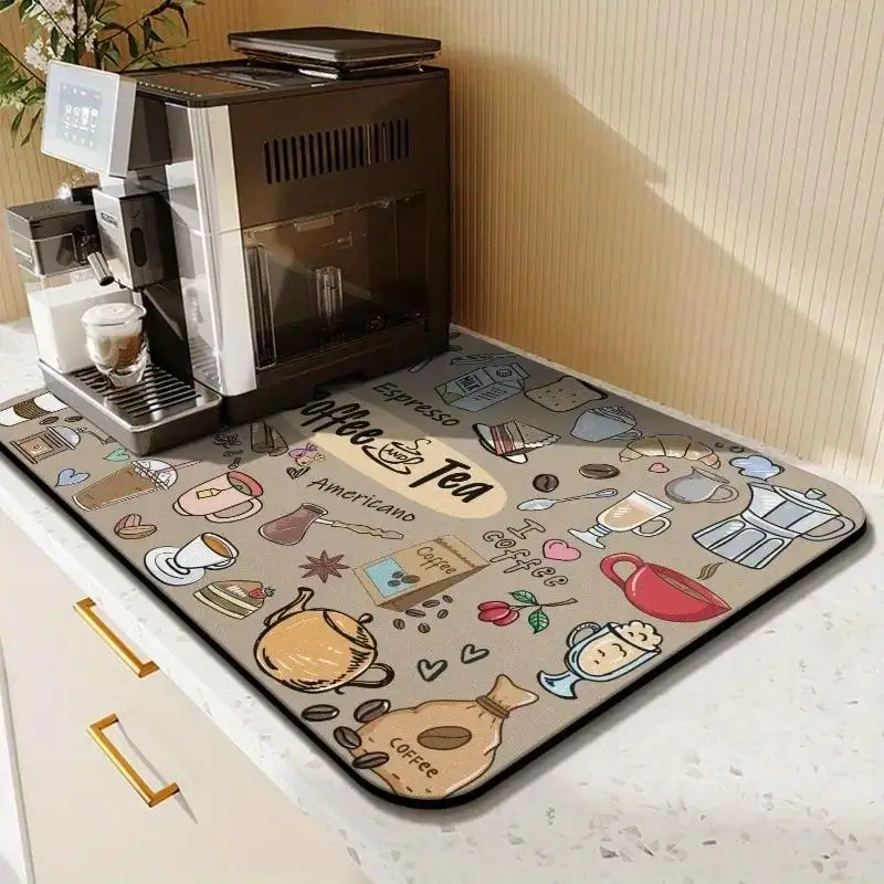 Coffee Machine Pattern Dish Drying Mat, 1 Piece Absorbent Countertop Mat, Kitchen Absorbent Pad