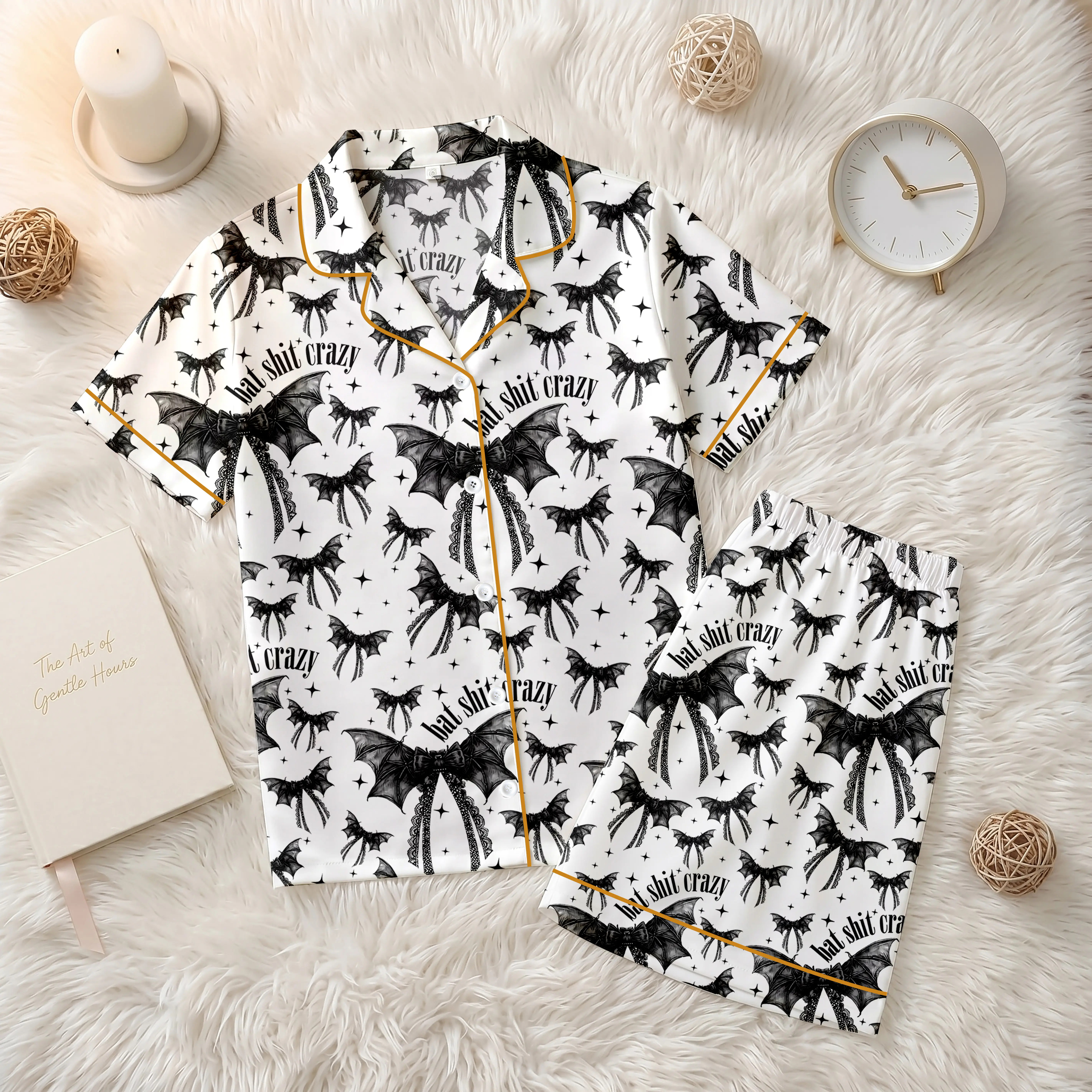 Women’s Bat Shit Crazy Gothic Coquette Bow Satin Bathrobe, Pajama Robe Women’s Halloween Bat Shit Crazy Party, Gifts Her Bathrobe Sleepwear