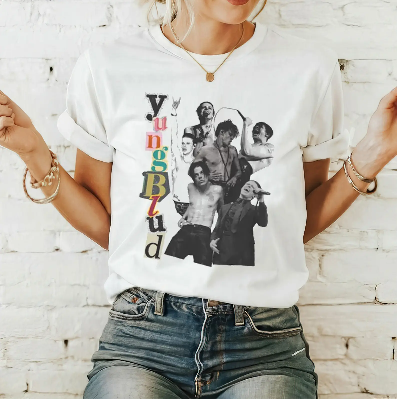 Women's Yungblud Collage Graphic T-Shirt, Casual Letter Print, Crew Neck, Short Sleeve, Fitted Vintage Alt Rock Band Unisex Top