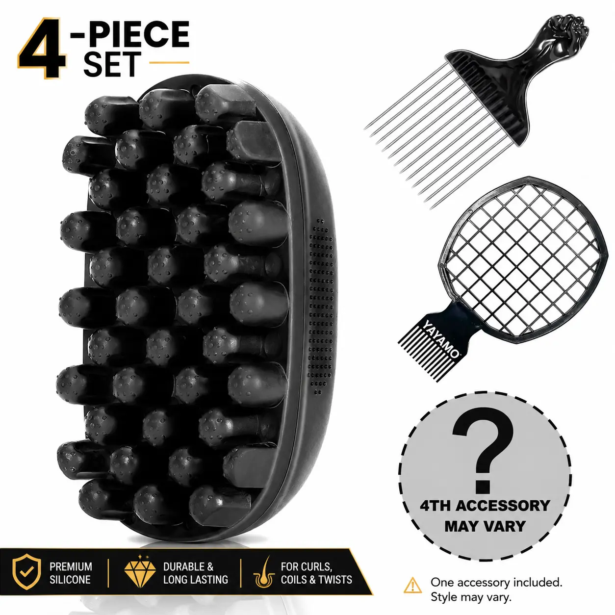 Professional 4-in-1 Grooming Kit for Black Hair, Upgraded Silicone Twist Brush with Stainless Steel Fist Pick, Mesh Comb & Dual-Ended Edge Brush for Coils and Twists, Hair Styling Tools, Clean Up Hairline