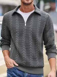 Men's solid-color, Plain semi-open zipper sweatshirt, warm, windproof and comfortable, casual long-sleeved lapel knitted jacquard sweatshirt, suitable for autumn and winter wear, men's daily outfit