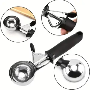 1pc Stainless Steel Ice Cream Scoop with Ring Holder - Reusable & Dishwasher Safe Dual-Color (Black/Pink) Ergonomic Handle for Parties, Weddings, Home Baking - Modern Dessert & Dough Scooper, Essential Kitchen Tool, Party Essentials, Sleek Metallic Finish