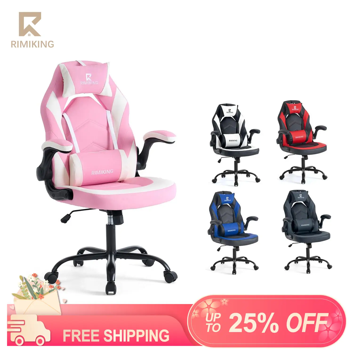 RIMIKING Ergonomic Gaming Chair,Adjustable Lumbar Support,High-Back Design,Smooth Recline,Soft PU Armrests,Durable and Sturdy,360° Rolling Wheels