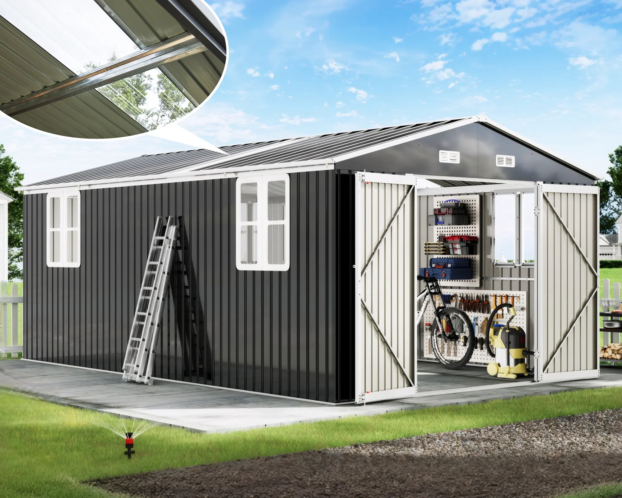 【Ships in 3 Boxes】[Summervibes] AMERLIFE Galvanized Steel Storage Shed with 2 4-Pane Windows Hinged Double Doors, Outdoor Shed for Backyard, Garden, Patio, Dark Grey/White- Ships in 3/4 Boxes