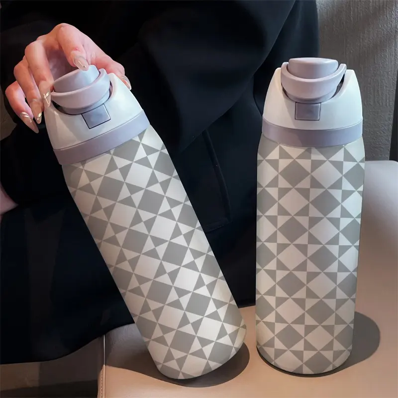 Artistic Diamond Pattern 32oz Dual Drink Sports Water Bottle, 304 Stainless Steel Large Capacity Insulated Cup, Perfect Gift for Women