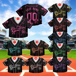Custom Coquette Bow Crop Top Baseball Jersey, Custom Name, Ribbon Bow Jersey Shirt For Girls, Womenswear Baseball Fans Gifts