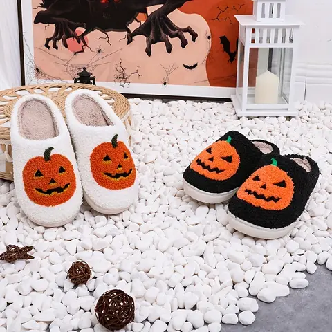 Unisex Faux Fur Slides, Halloween Pumpkin Skull Plush Slippers with an Anti-Slip Durable Rubber Sole, Comfy House Shoes for Daily Use, Anti Slip Women's Fashion Slippers, Durable Rubber For Daily Use halloween slipper halloween gift