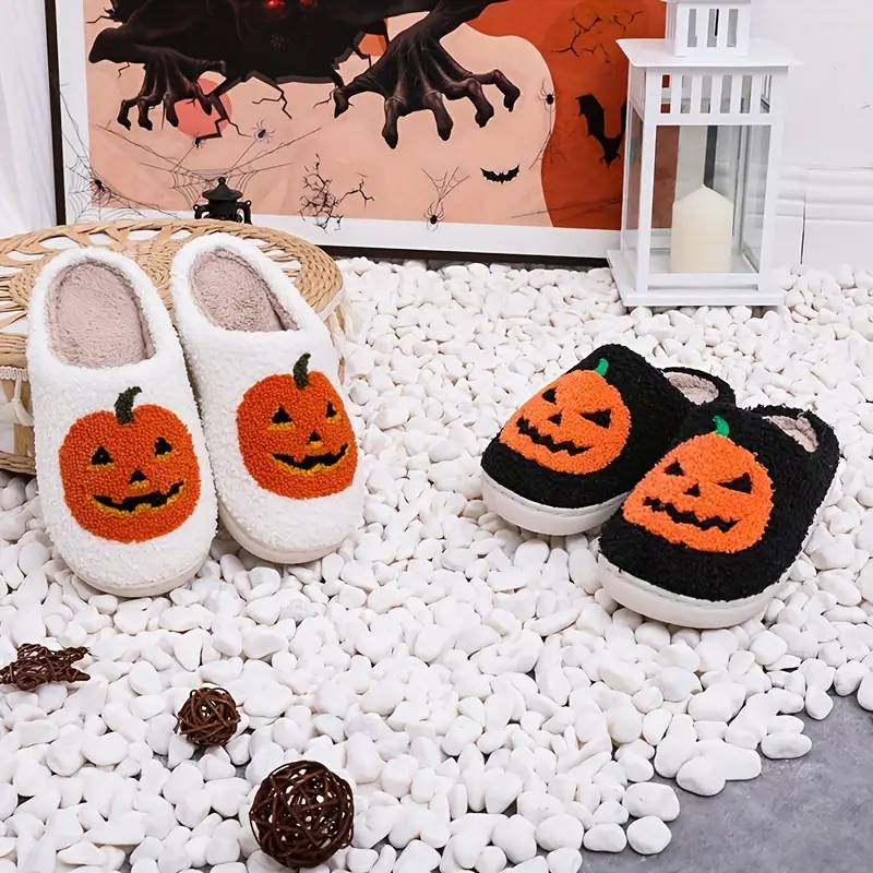 Women Men Comfy Faux Fur Lined Skull Pumpkin Plush Slippers Antislip Soft Sole House Shoes Bedroom Shoes Flat Slides Fluffy Footwear