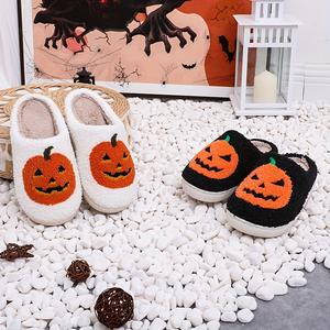 Women Men Comfy Faux Fur Lined Skull Pumpkin Plush Slippers Antislip Soft Sole House Shoes Bedroom Shoes Flat Slides Fluffy Footwear Halloween gift