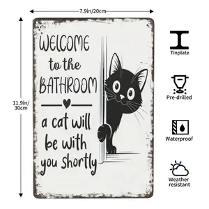 Vintage Iron Bathroom Sign Featuring Cute Cat Design with Welcome Message and Rustic Wall Art for Home Office and Pet Enthusiasts