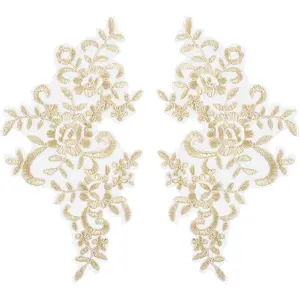 AUEAR, 2 Pack Champagne Gold Flower Lace Applique Patches Sew on Appliques for Wedding Home Decoration