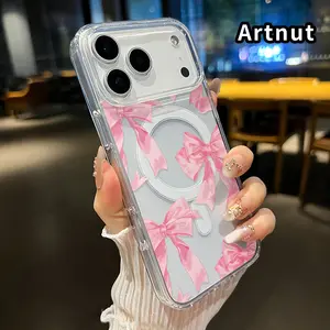 Magnetic Case for iPhone 17 Pro Max Air Promax Romantic Bows Pattern Hard Acrylic Back Soft TPU Edge Four Corners Bumper Shockproof Cover Shell Gift