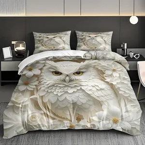 2/3 pcs paper-cut owl,flower-themed quilt cover set, skin-friendly,breathable bedding set (1* quilt cover +1/2* pillowcase, no filling), suitable for all year round! Machine-washable, for family,friends Valentine's Day perfect gift