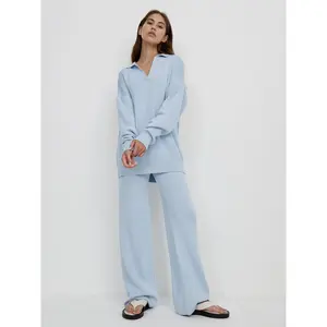 Autumn Winter Polo Collar Casual Fashion Pullover + Wide-Leg Pants Two-Piece Set for Women