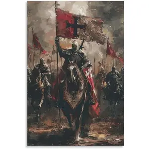 FGJERIO Medieval Templar Battle Canvas Print,Crusader Poster Canvas Poster Wall Art Decor Print Picture Paintings for Living Room Bedroom Decoration 16x24inch(40x60cm)