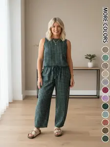 Summer New Women's 2 Piece Set Cotton Plaid Crop Top Loose Fit Pocket Nine-Tenths Pants, Beach Vacation Casual Daily Wear