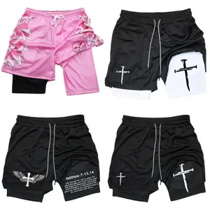 Quick-Dry Brick Gym Shorts 2-in-1 Basketball Running Workout Shorts with Zip Pockets Graphic Cross Print Design Casual Home Regular Fit Youth Sporty Drawstring Waist Shorts