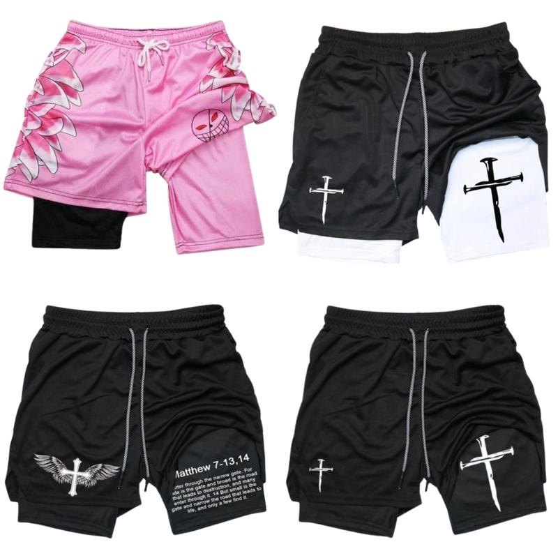 Quick-Dry Brick Gym Shorts 2-in-1 Basketball Running Workout Shorts with Zip Pockets Graphic Cross Print Design Casual Home Regular Fit Youth Sporty Drawstring Waist Shorts