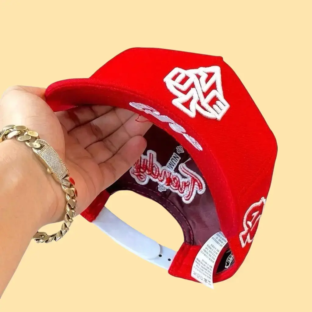 Red Snapback Hat with White Graphic Embroidery | Adjustable Flat Brim Baseball Cap, Trendy Streetwear Hip Hop Hat for Men & Women