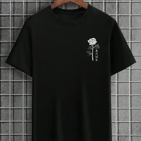 Men's Regular Fit Rose Letter Print Round Neck Tee, Summer Clothes Streetwear Short Sleeve Crew Neck T-shirt, Menswear, Casual Summer Top for Men, Casual Basic Tee, Casual Style Tee, Graphic Apparel