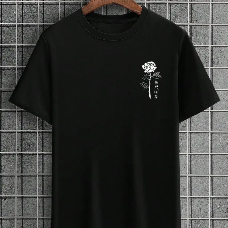 Men's Regular Fit Rose Letter Print Round Neck Tee, Summer Clothes Streetwear Short Sleeve Crew Neck T-shirt, Menswear, Casual Summer Top for Men, Casual Basic Tee, Casual Style Tee, Graphic Apparel