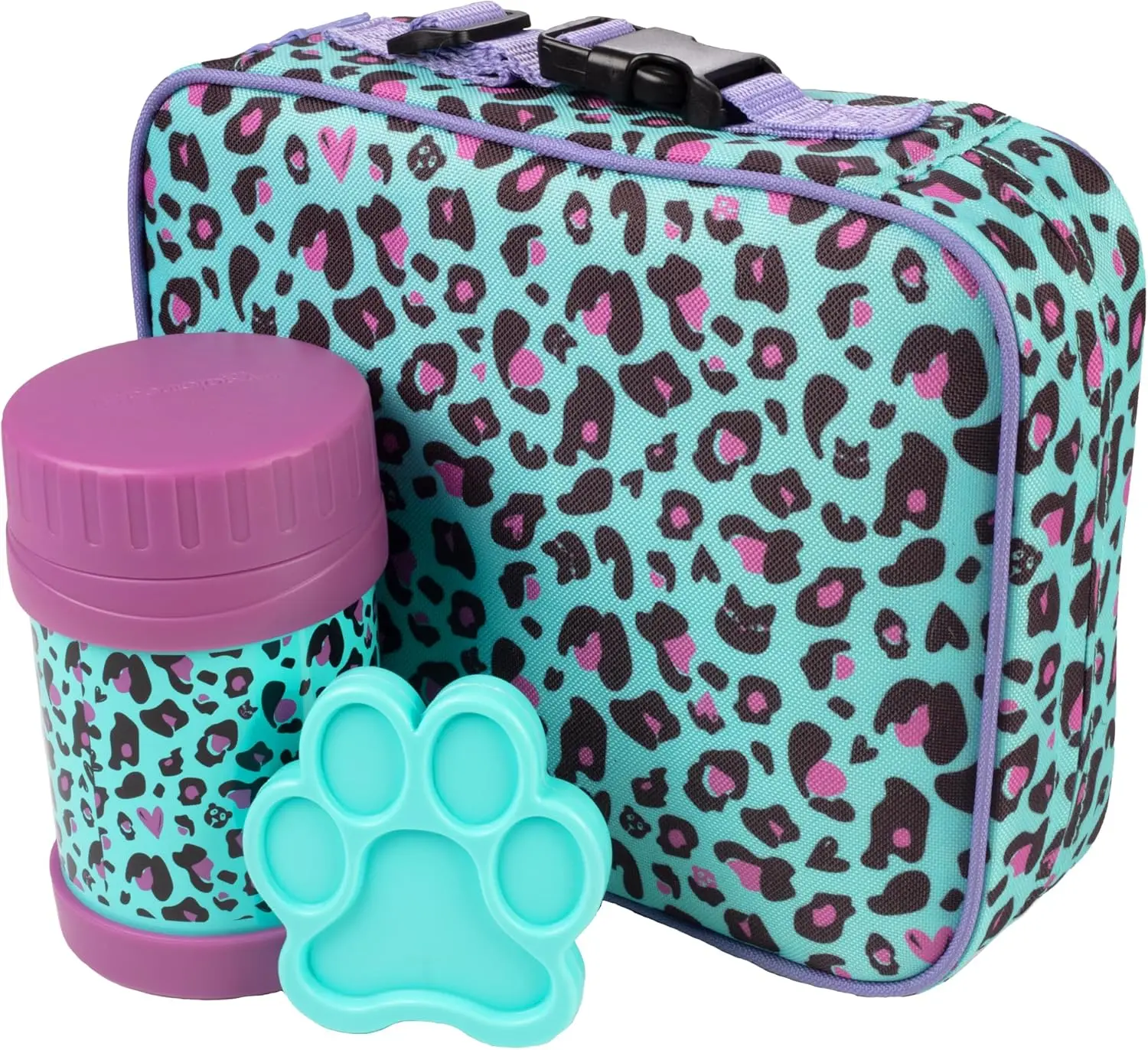Bentology Kids Lunch Bag Set - Cheetah - w Reusable Hard Ice Pack & Insulated Food Jar for Drinks or Soups - Hot or Cold Food for Hours - Perfect Lunch Box Kit for Boys & Girls