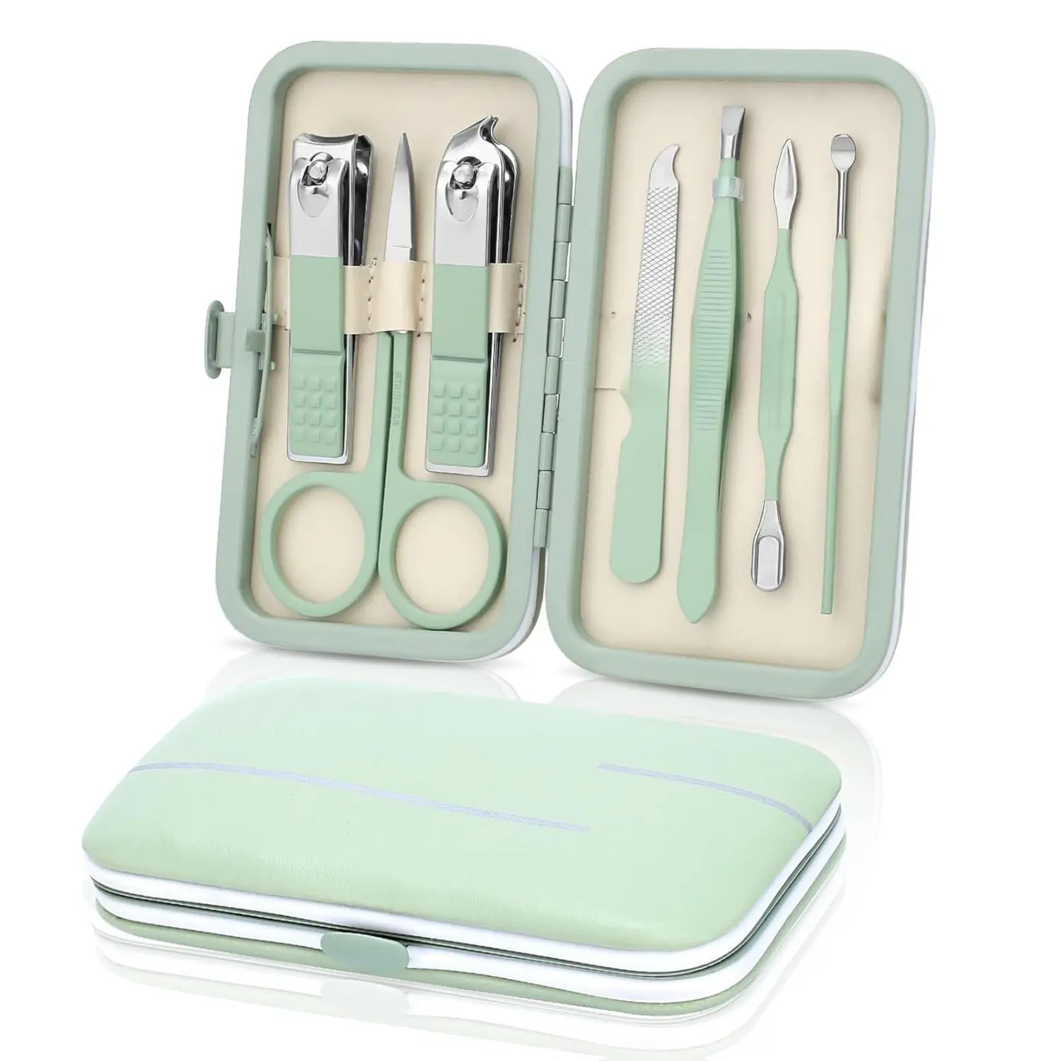 Manicure Set-Stainless Steel Nail Care Set-Professional 7 in 1 Ingrown Toenail Clipper Grooming Tool-Pedicure Kit & Toe Nail Cutter-Thick Nail Scissors Toiletries with Cuticle Trimmer (Green) Compact