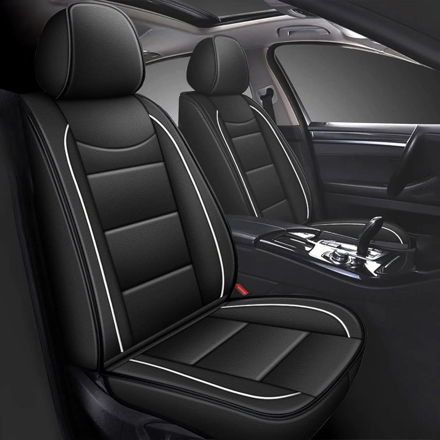 Full-Set Car Interior Pad Seat Cushions - Waterproof Breathable PU, Headrest Pad, Lumbar Support, UV Protection, Airbag Safe, Black&Grey, Unisex Fit for Chevy Equinox 2011-2026 (Front Row-2 Seats/5 Seats) for Family Outings, Headrest Lumbar Cushion, Quick