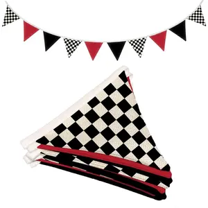 Boys Room Checkered Flag Banner 5.5Ft, Cars Room Decor for Toddler Nursery Playroom, Black and White Checkered Garland Triangle Banners for Baby Shower Birthday Party - Red & Black