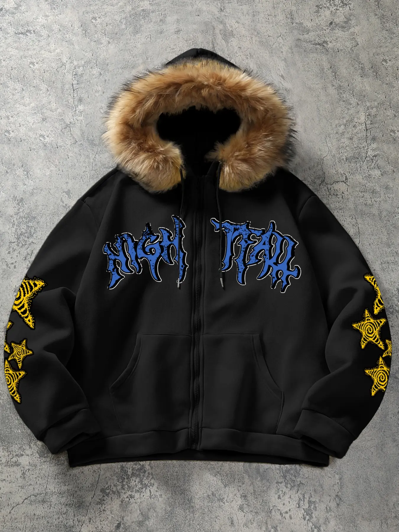 Men's Y2K Gothic Skull Graphic Zip-Up Hoodie - Faux Fur Trim