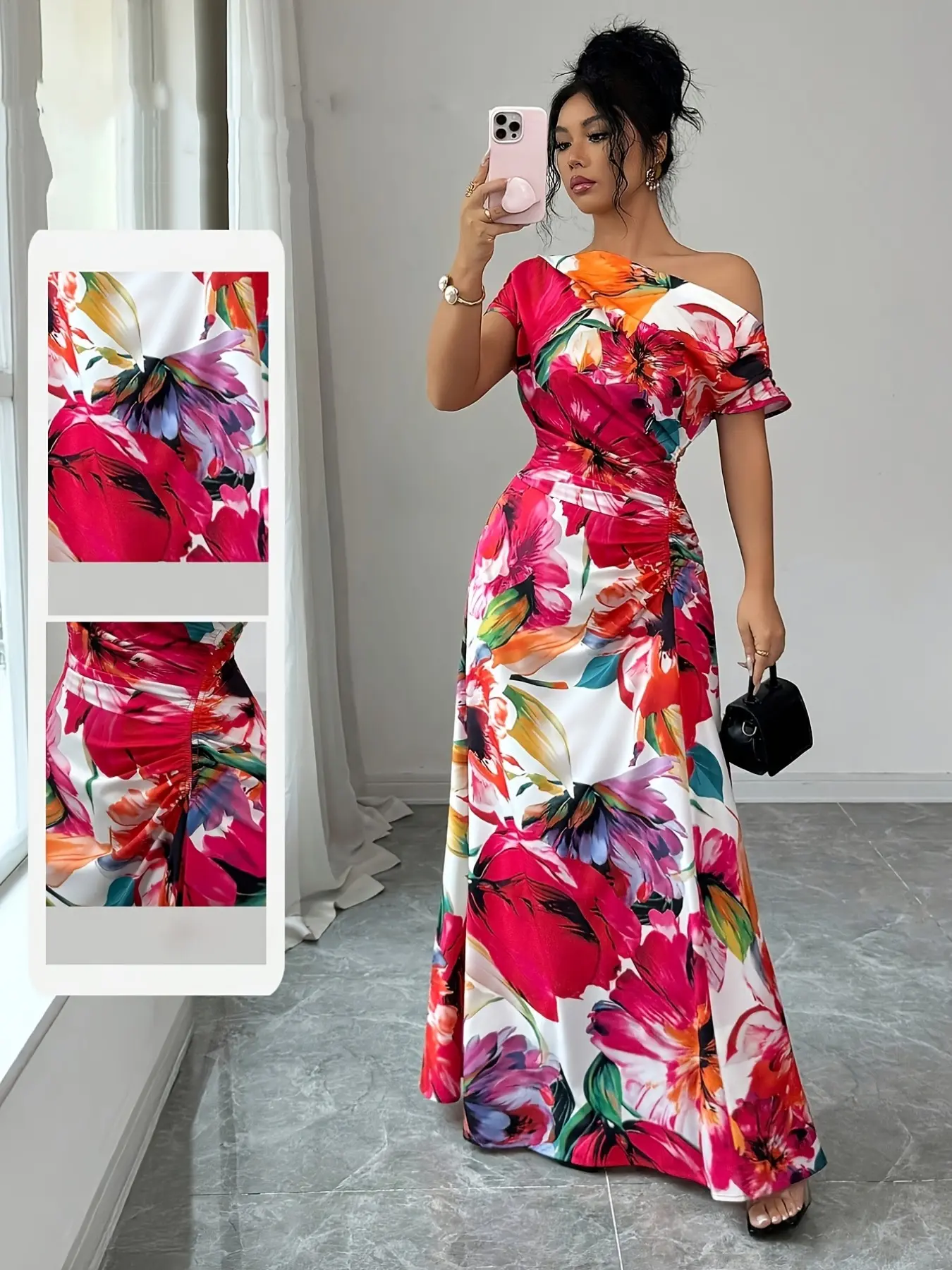 Women's New Fashion Elegant Minimalist Print Asymmetric Shoulder Waist Pleated A-Line Long Dress, Womenswear, Perfect for Office, New Year, Street, French Romantic, Casual, Middle Eastern Retro, Asymmetrical
