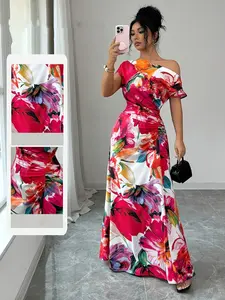 Women's New Fashion Elegant Minimalist Print Asymmetric Shoulder Waist Pleated A-Line Long Dress, Womenswear, Perfect for Office, New Year, Street, French Romantic, Casual, Middle Eastern Retro, Asymmetrical