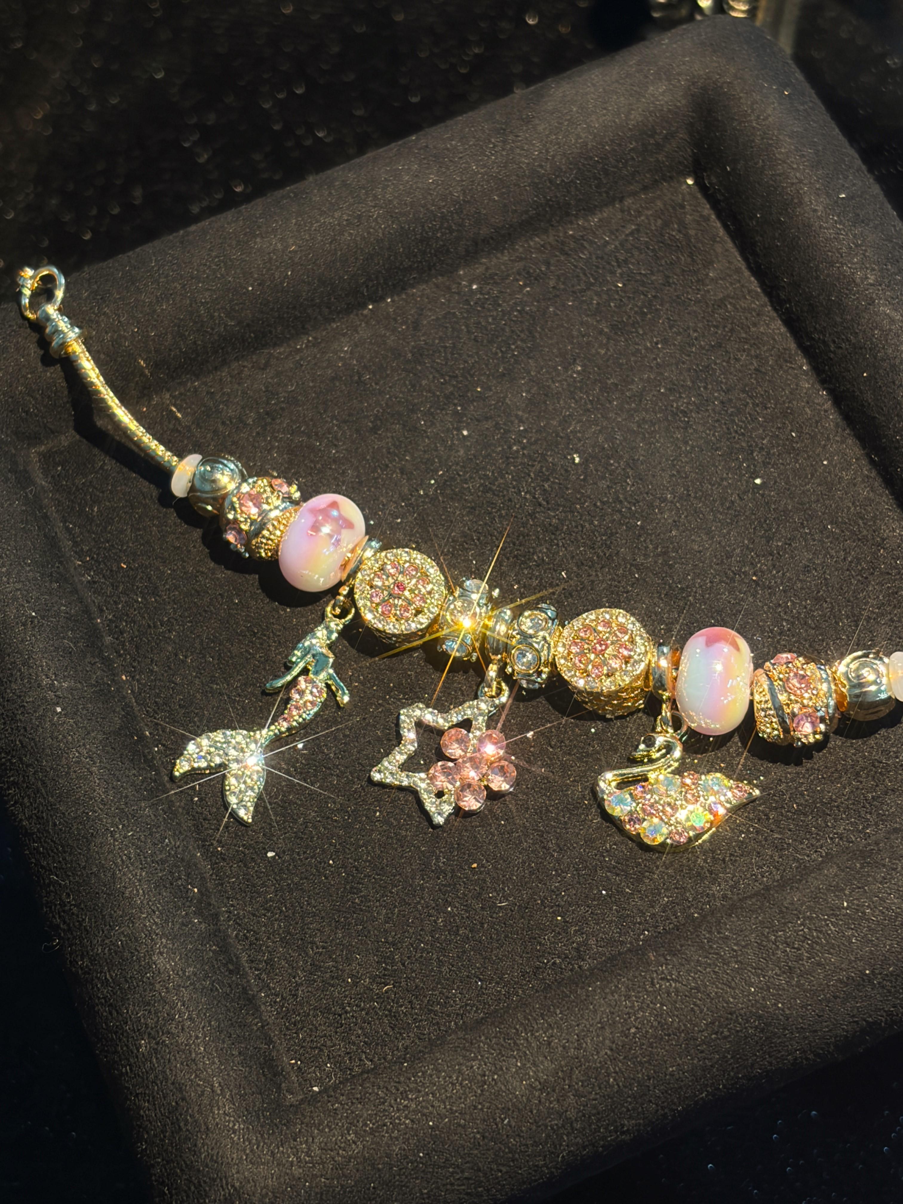 Women Gold‑Tone Mermaid Charm Bracelet, Pink Rhinestone Star Butterfly Dangle Charms, Colorful Murano‑Style Beads Snake Chain Bracelet, Fairytale Hand Jewelry Gift For Women Girls Daily Party Dating Wear Women Gold‑Tone Mermaid Charm Bracelet, Pink Rhinestone Star Butterfly Dangle Charms, Colorful Murano‑Style Beads Snake Chain Bracelet, Fairytale Hand Jewelry Gift For Women Girls Daily Party Dating Wear