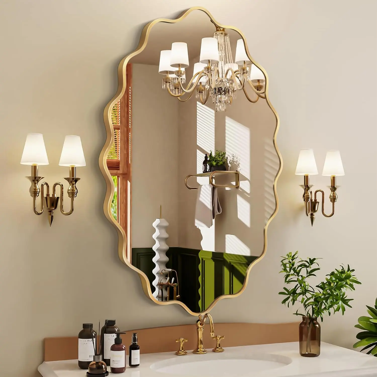 TVF Oval Wall Mirror, 24" x 36" Wavy Bathroom Mirror for Wall with Brushed Alloy Steel Frame&Shatter-Proof Glass, Hanging Decorative Wall Mirrors for Bathroom Sink, Bedroom, Entryway