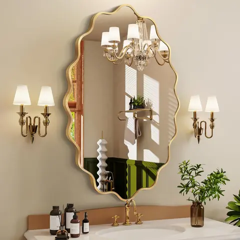 TVF Oval Wall Mirror, 22" x 30" Wavy Bathroom Mirror for Wall with Brushed Alloy Steel Frame&Shatter-Proof Glass, Hanging Decorative Wall Mirrors for Bathroom Sink, Bedroom, Entryway