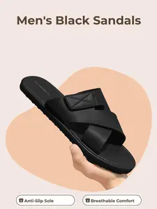 Men's Cross Strap Leather One-Strap Slide Sandals, Classic Black, Non-Slip Wear-Resistant Sole, Breathable Comfortable Multi-Use for Business, Casual & Daily Wear, Simple & Durable