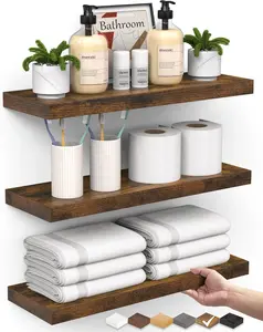 Bathroom Floating Shelves for Wall Set of 3 - Rustic Brown Farmhouse Wood Shelves Over Toilet for Bedroom, Kitchen, or Living Room Decor Display, Storage for Plants, Toilet Paper or Bath Towels