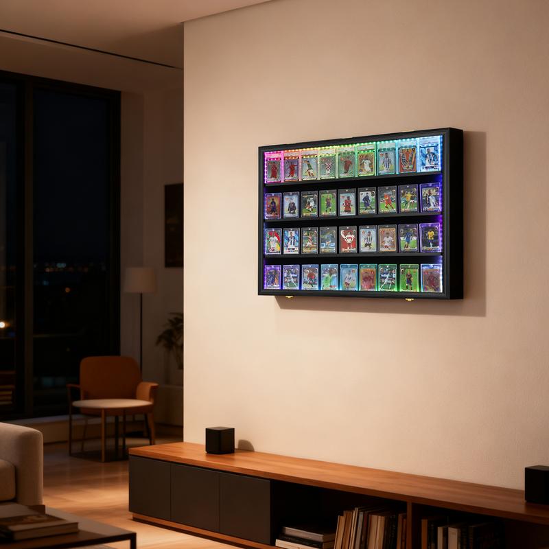 IHEIPYE LED Baseball Card Display Case 36 Graded Sports Card Frame with UV Protection Clear View Lockable Wall Cabinet for Football Basketball Trading Cards Horizontal Wood