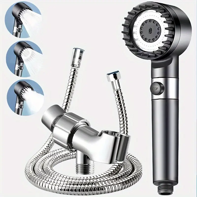 Stainless Steel Fixer+4 Filters Shower Head Set, 3 Adjustable Modes, Stainless Steel Panel & Adapters, Perfect Christmas Gift, Christmas Shower Head