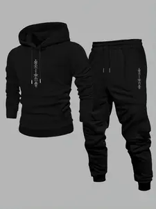 Men's Sweatshirt Set with Irregular Geometric Print Hooded Top and Drawstring Casual Pants, Long Sleeve for Fall & Winter
