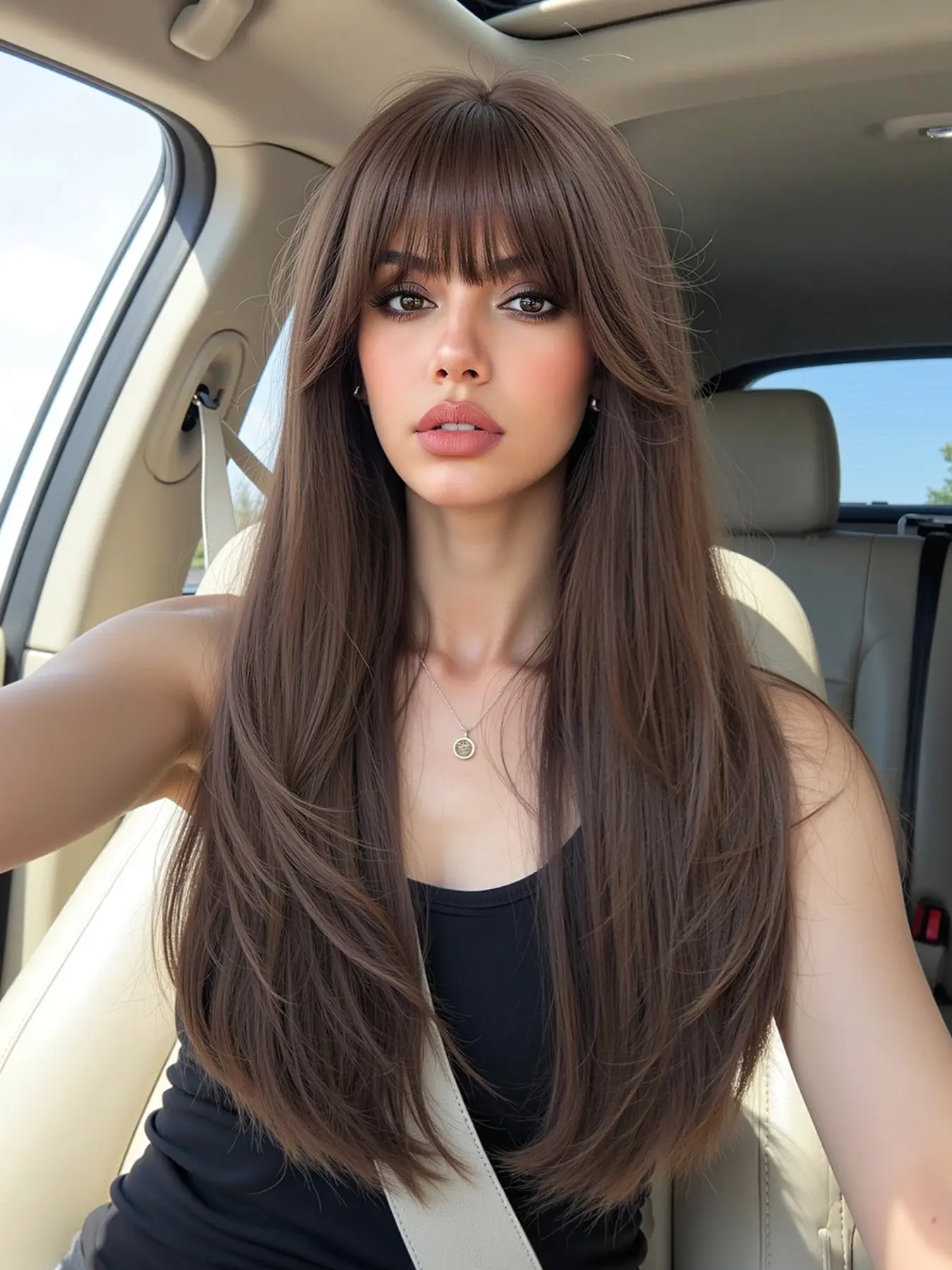 24 Inch Long Straight Wig with Bangs, Synthetic Hair Wigs, Synthetic Fiber Wigs, Synthetic Machine Wigs, Synthetic Material Wigs, Straight Layered Wigs, Natural Looking Wig, Natural Fashion Style for Daily Wear, Perfect for All Seasons and Music Festivals