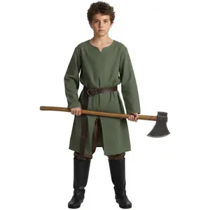 Kids Medieval Pirate Costume Tunic Renaissance Knight Warrior Viking LARP Halloween Green Boys Tops
