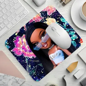 Cute Black Girl Mouse Pad, Cool Floral Galaxy Desk Mat,Square Mouse Pad, Eye-Catching Desktop Decorative Protective Pad, Non-Slip Small Mouse Pad for Teens, Aesthetic Sassy Doll Mouse Pad for Girls