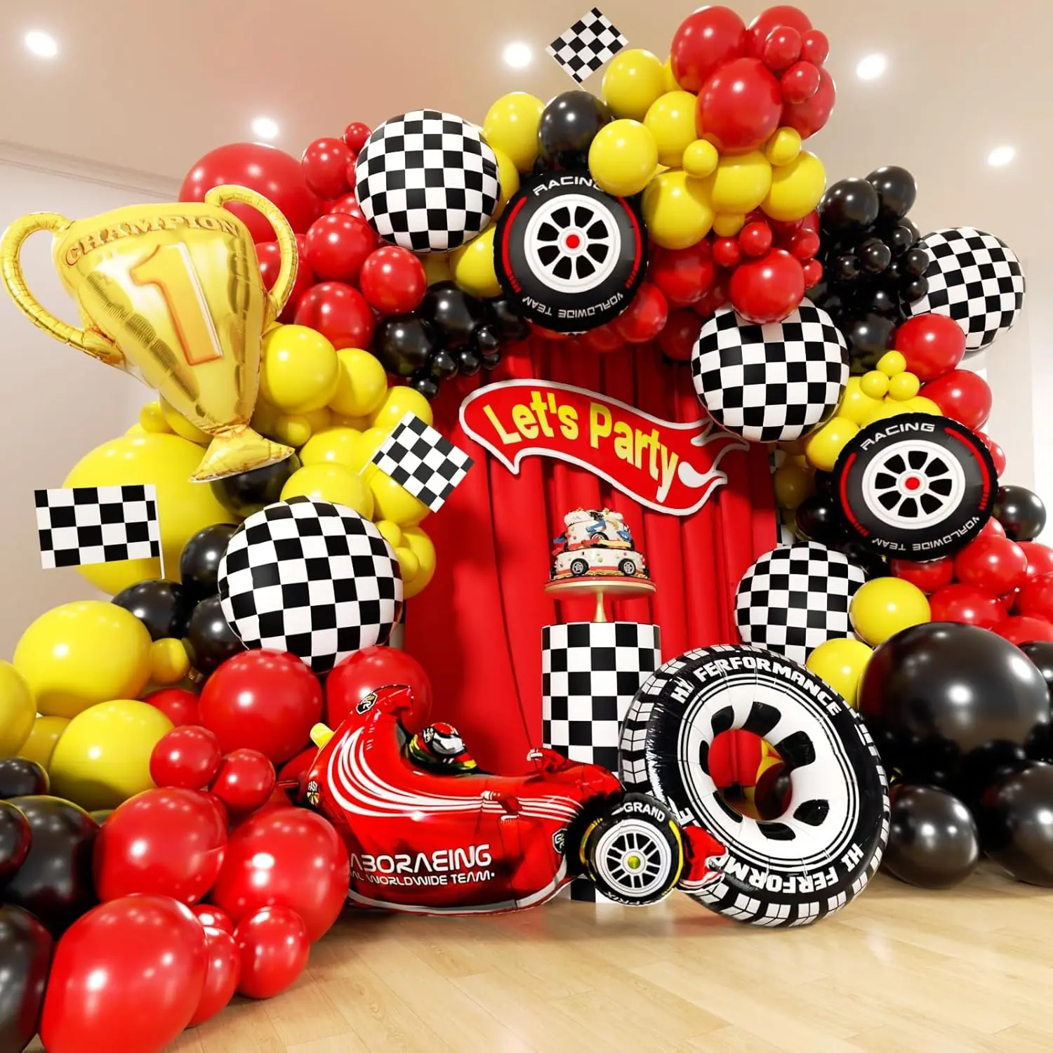 170PCS Race Car Balloon Arch Kit with Checkered Flags, Red, Black, and Yellow Balloons for Party Decor