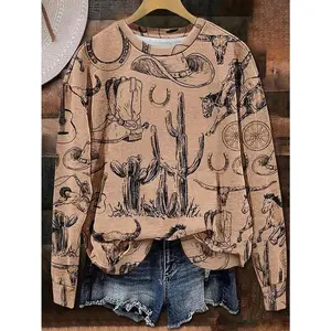 A best-selling multifunctional retro Western-style women’s crewneck sweatshirt featuring cowboy boots, cacti, galloping horses, and other Western motifs, perfect for autumn and winter wear.